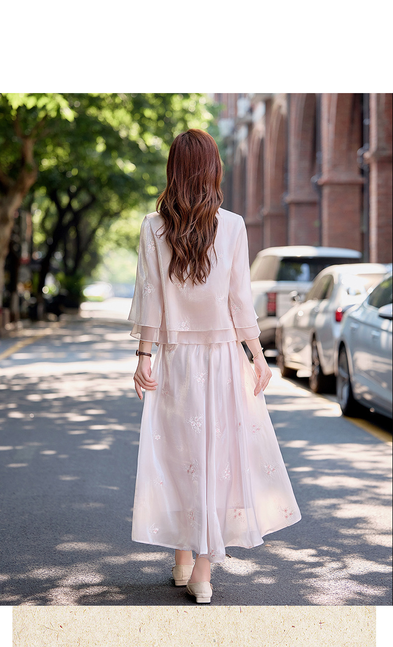 Bộ đầm maxi nữ thắt eo phong cách Trung Hoa mới tay ngắn cổ đứng — Màu như hình chi tiết 18