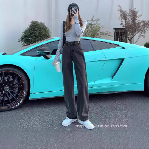 Knit Fleece Thick Denim Pants for Girls, Autumn/Winter Style, Hong Kong Fashion, New Arrival, Straight Leg, Loose Wide Leg, Dadjeans