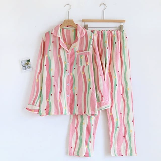 春夏长袖睡衣女网红多巴胺双层泡泡棉纱长袖裤家居服套装源头工厂