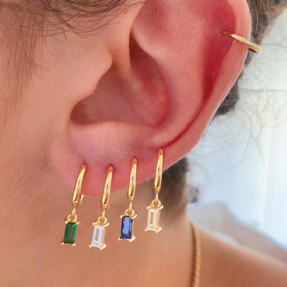 Emerald Zircon Ear Buckle European and American Square Geometric Earrings Simple Square Diamond Ear Ring Trendy Men's Popular Ear Buckle Ear Stud