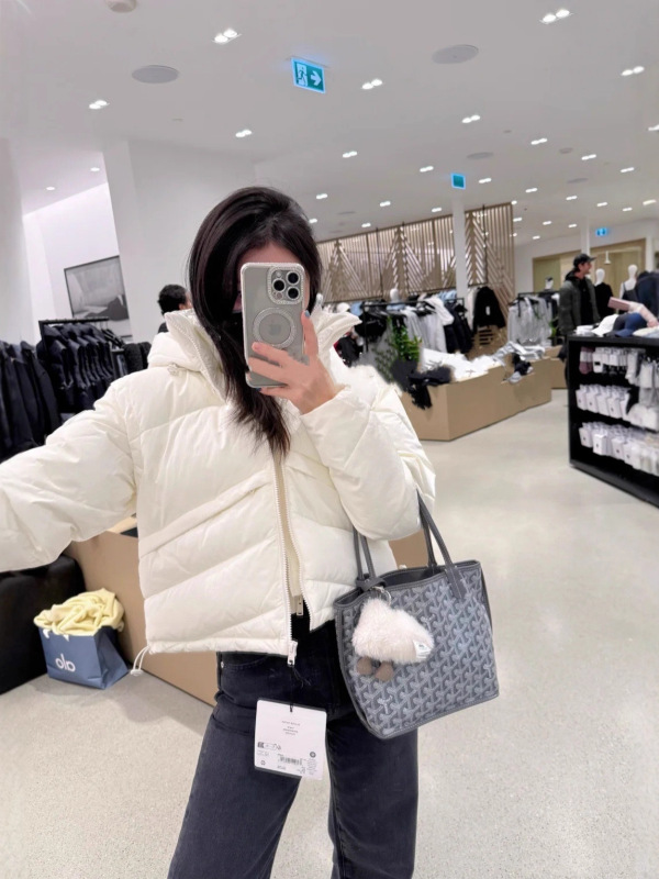 alo冬季立领连帽短款羽绒服女保暖假两件双层拉链抽绳白鸭绒外套|undefined