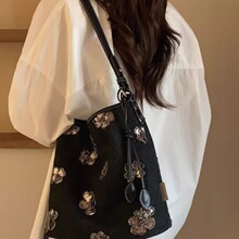 南风Chio2n星光梦境托特包黑色牛仔单肩包女闪片花朵复古斜挎包