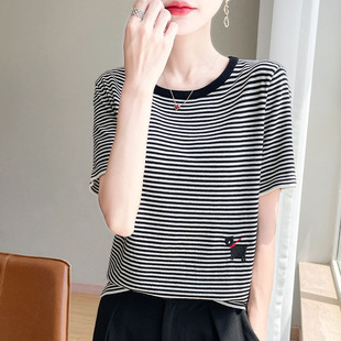 Blue and White Striped T-Shirt with Small Three-Dimensional Decorations, Ice Silk Fabric, Round Neck, Short Sweet and Fresh Base Top