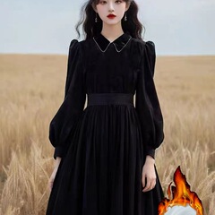 赫本风黑色丝绒连衣裙子冬装女2025年新款古着vintage加厚长裙