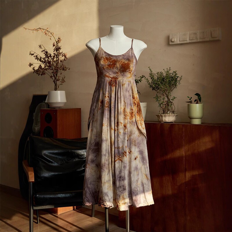 Purely Handmade Plant Color Dyeing Traditional Craft Rust Dyeing Yunnan Vacation Retro Smudged Suspender Dress Wholesale