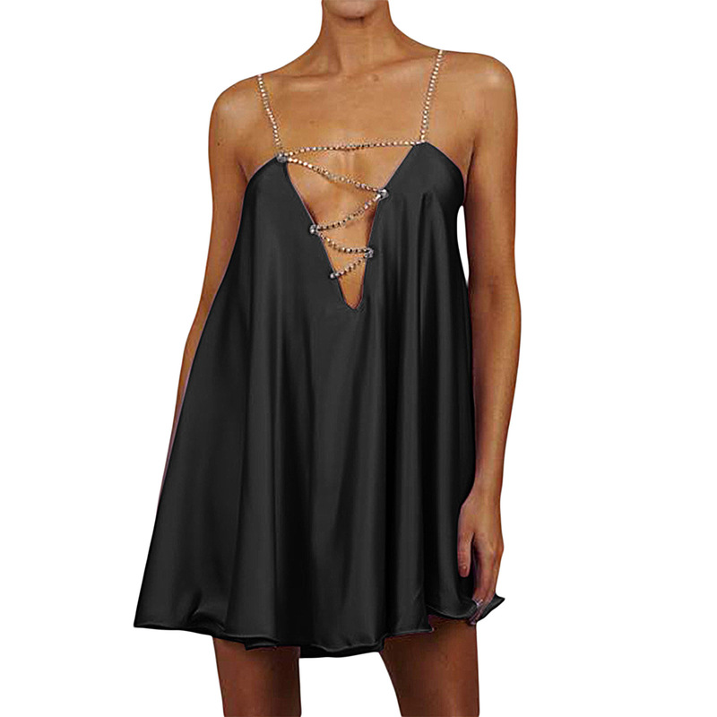 European and American Cross-Border Sexy Diamond Deep V Neck Backless Suspender Loose Dress Silk Dress Suspender Jumpsuit