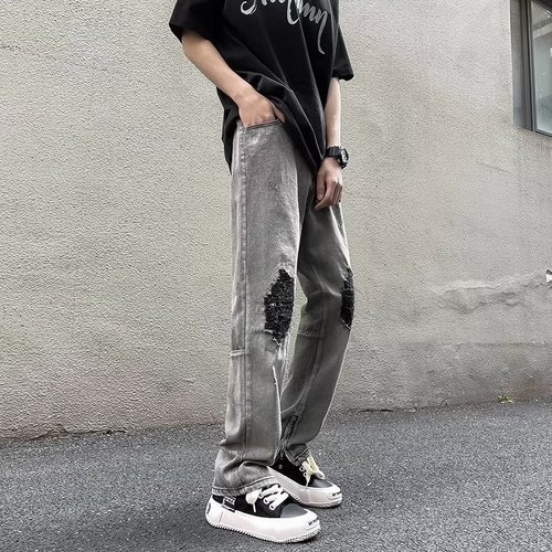 American vibe street cool, holey, slightly spicy, cat claw denim jeans for men, zipper cuffs, straight-leg long pants, trendy