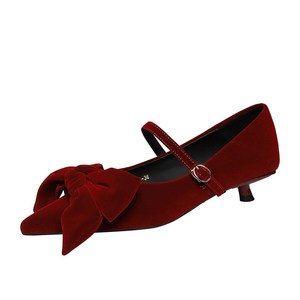 2388-H106 European and American style fashionable Xishi velvet pointed toe shallow mouth large bow straight buckle strap