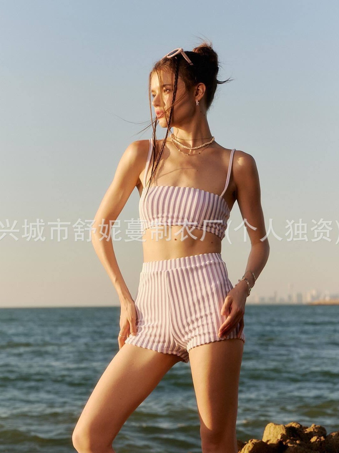 Traje de baño femenino de alta gama bikini dividido rayas puro deseo de cintura alta bóxer bañador de aguas termales traje de baño de mujer