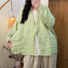 2026春季新款百搭文艺风彩色稀疏褶皱亚麻系带开衫女