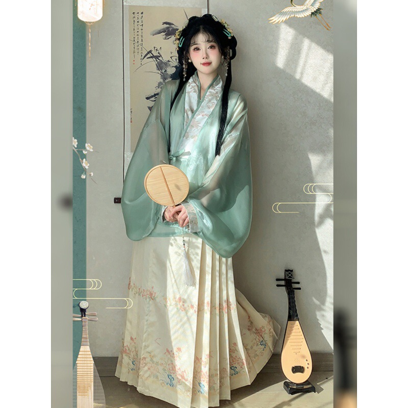 Hanfu for Women: Spring and Moonlight Style, Cross-Collar, Horse-Faced Skirt Set, Summer Hanfu with a Mix of Chinese and Western Elements for Daily Wear