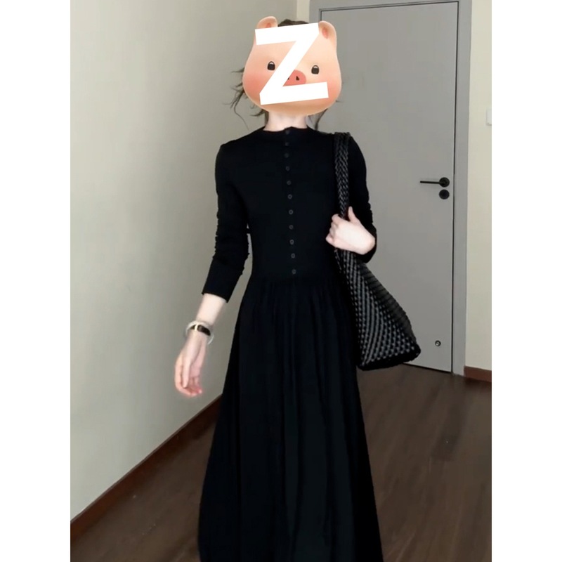 法式早秋穿搭黑色连衣裙子女2025年新款小个子感休闲气质修身长裙|undefined