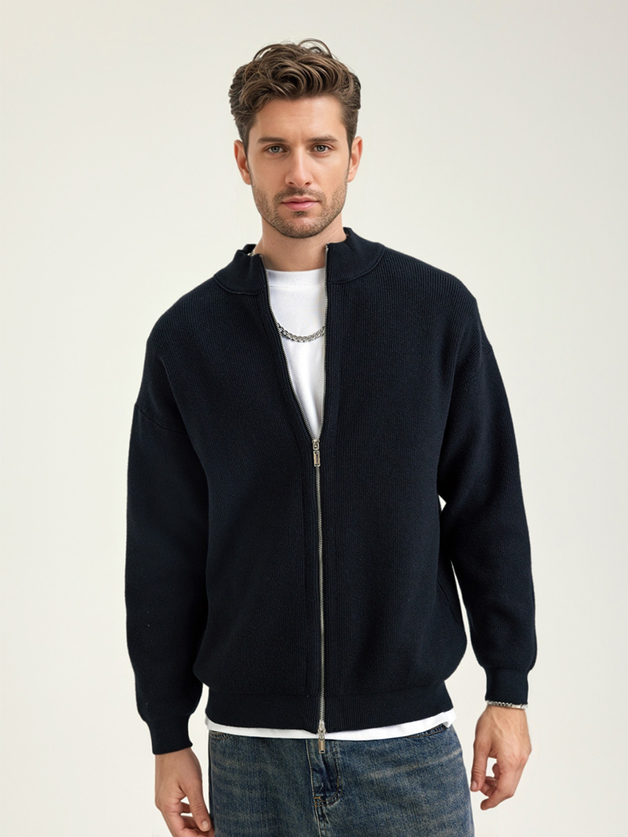 Suéter de cuello alto americano 2025, otoño y invierno con doble cremallera, chaqueta de punto de cardigan para hombre, chaqueta de color sólido suelta.