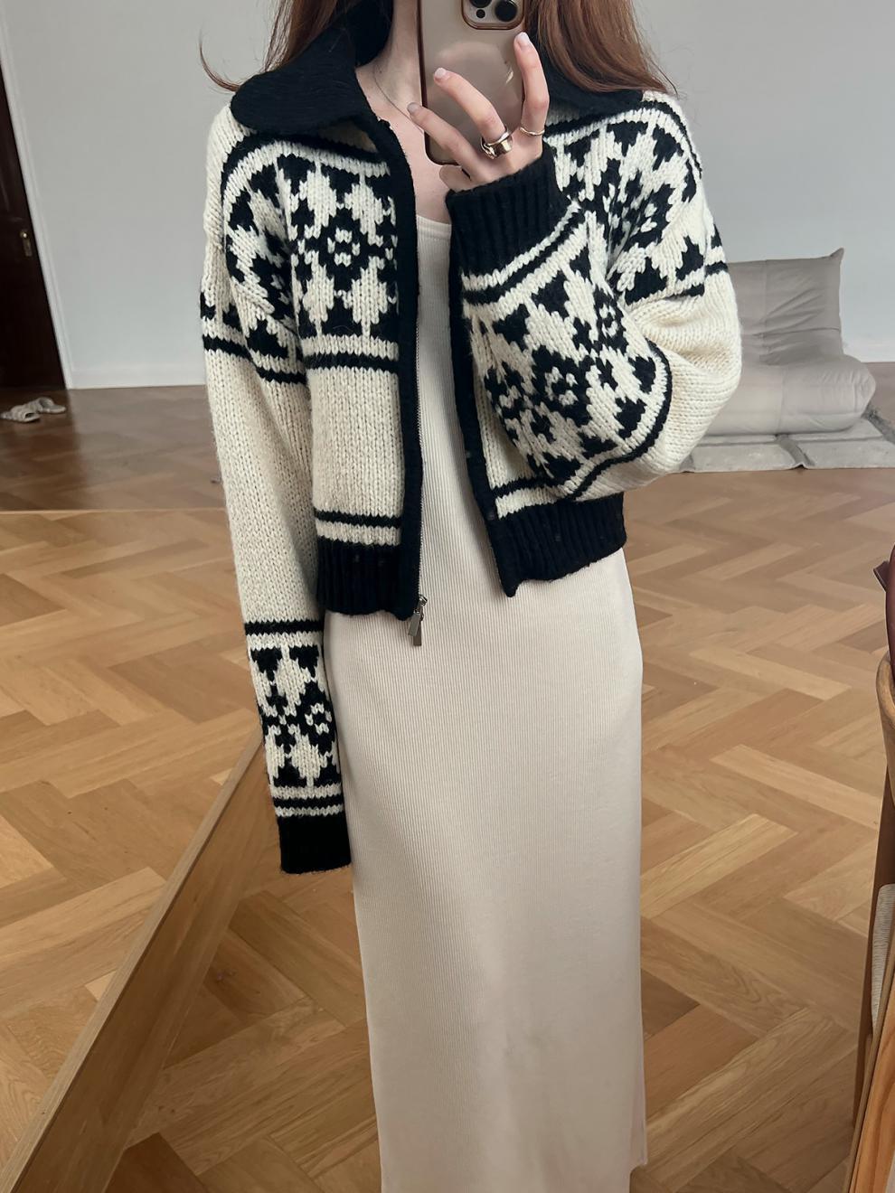 Suéter jacquard con cremallera de contraste de color para mujeres de Corea del Sur Dongdamen otoño y invierno nuevo estilo casual abrigo corto de viento para la moda
