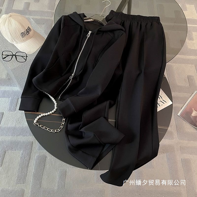 盐系穿搭绿色休闲运动套装女秋洋气显瘦正肩连帽卫衣阔腿裤两件套|undefined
