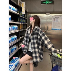 秋冬韩版宽松休闲连帽设计感时尚百搭格纹长袖衬衫外套