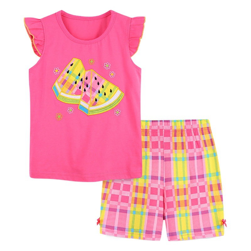 Traje de manga corta para niñas de estilo europeo y americano bordado verano nuevo jersey de dibujos animados de dos piezas de algodón de punto traje para niños