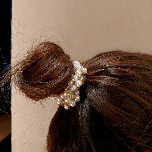 New internet celebrity temperament headband pearl crystal hair band for women high-end ponytail hair band rubber band ball hair accessory