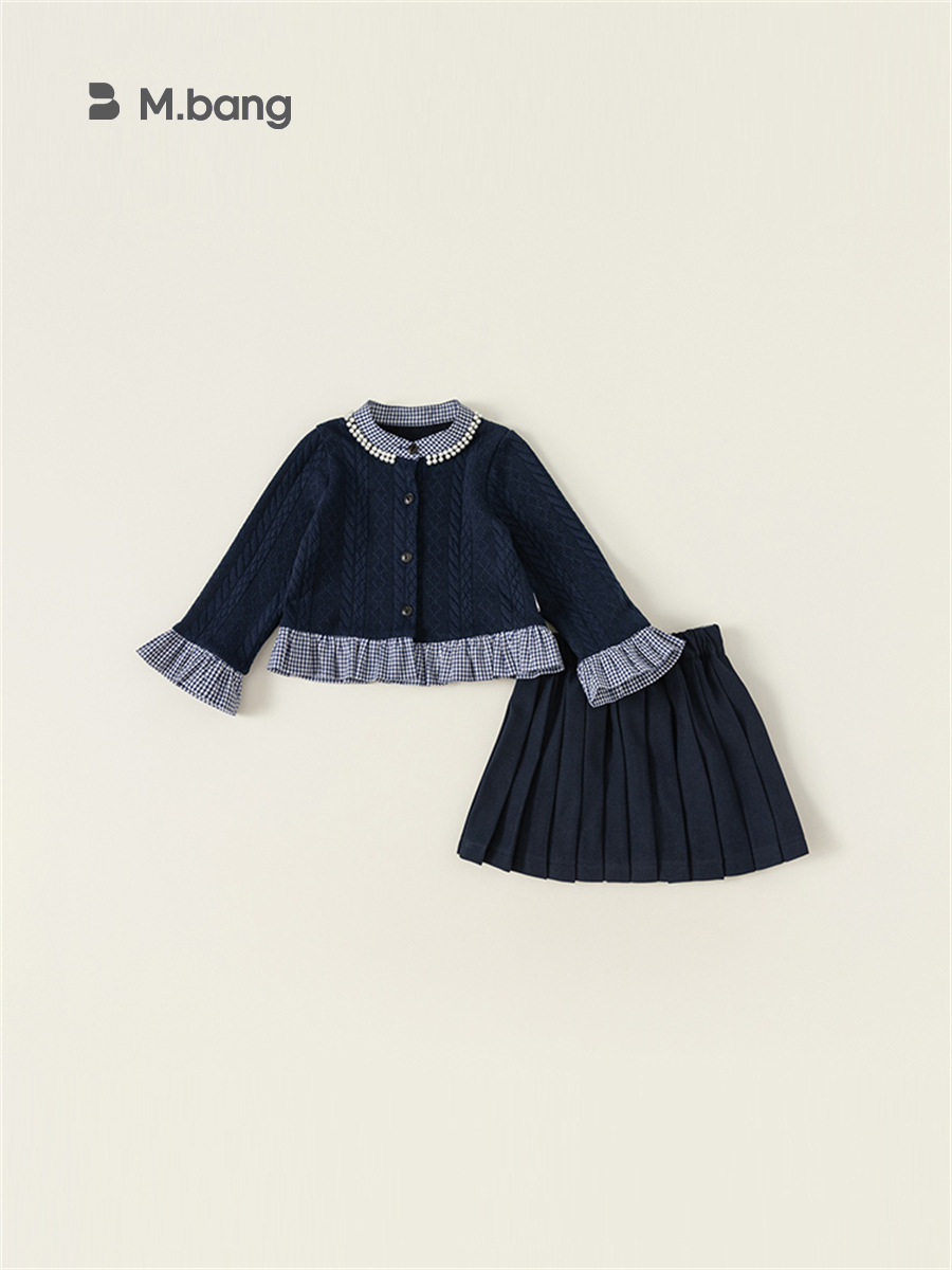 Conjunto de Dos Piezas de Ropa Infantil Bangxuan para Primavera y Otoño, Estilo Universitario, Cárdigan de Punto con Mangas con Volantes y Falda Plisada para Niñas