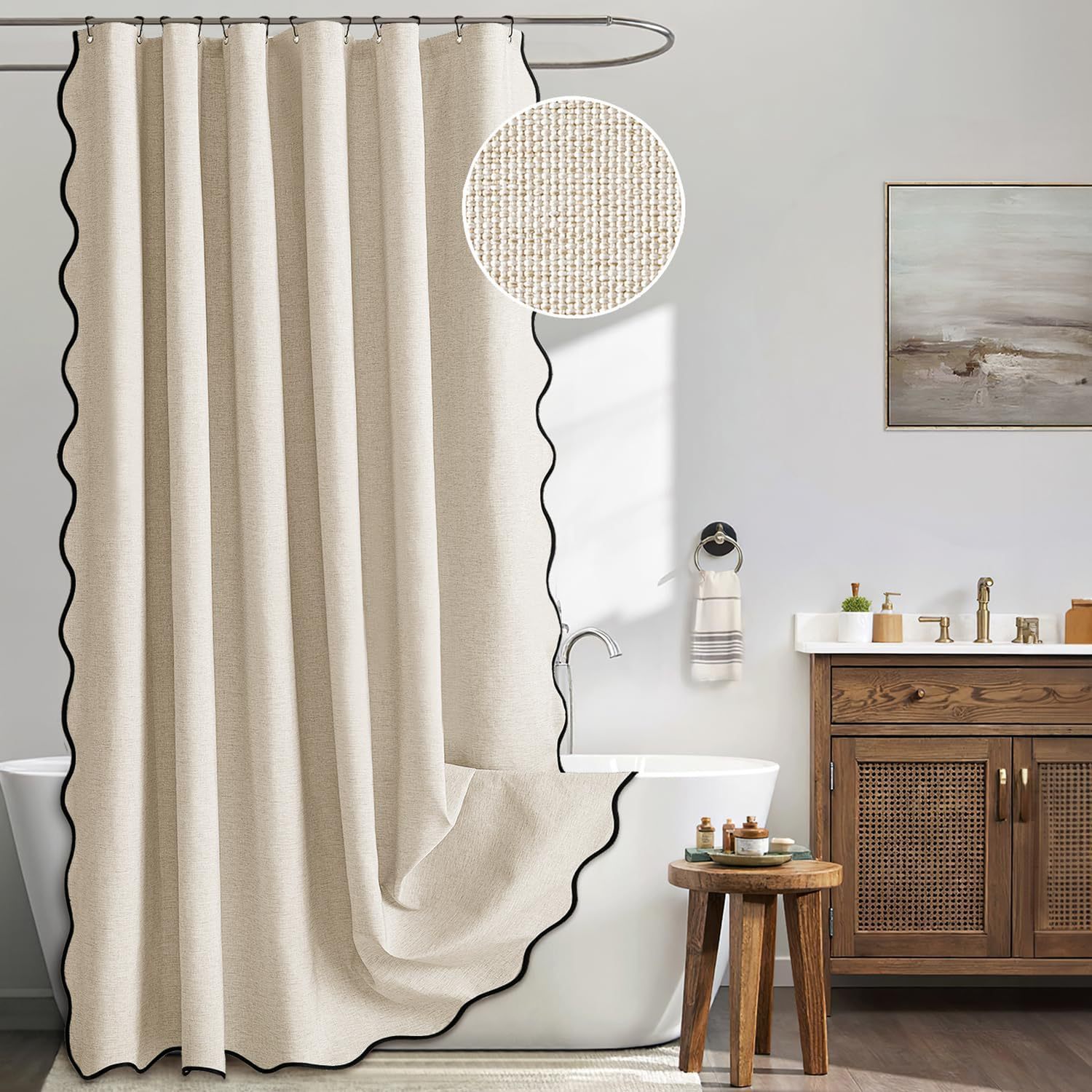 Cross-Border New Solid Color Imitation Linen Black Wavy Edge Shower Curtain Bathroom Waterproof Curtain Bathroom Partition Curtain