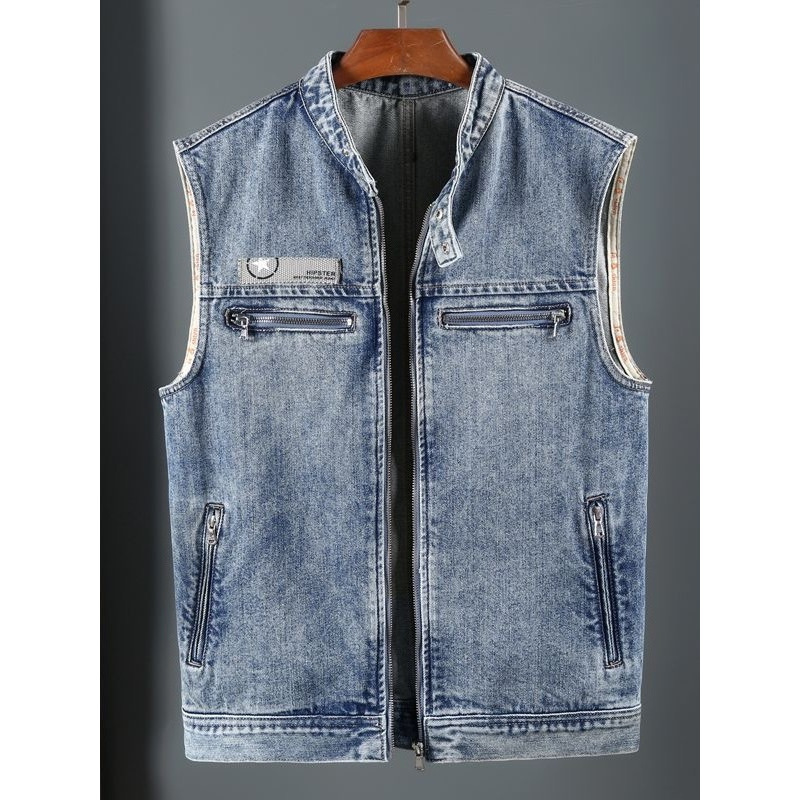 American-Style Motorcycle Denim Vest for Men, Washed Vintage Stand-Up Collar Loose Vest, Outerwear with Zipper, Sleeveless Jacket, Trendy