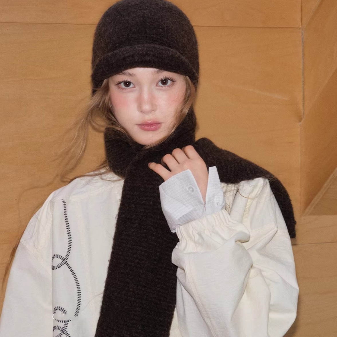 2025 Cross-Border Vintage-Style Fashionable Wool Knit Hat with Brim, Autumn and Winter Hooded Scarf, Warm and Versatile