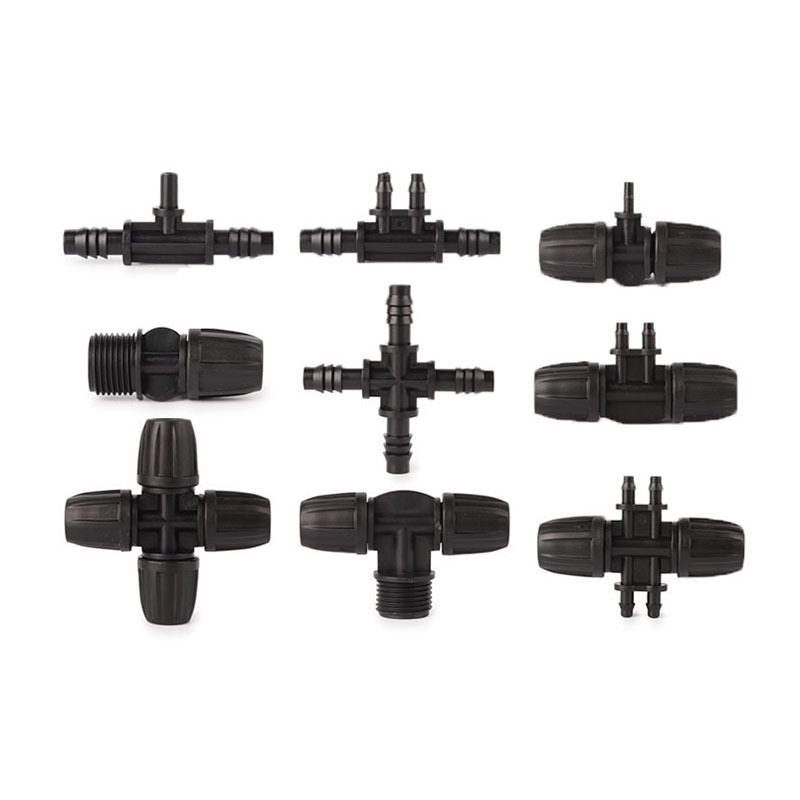 8/12 accesorios de tubo capilado a través del codo de tres vías 9/12 accesorios de riego automático de tubo capilado accesorios de tubería de riego de jardinería