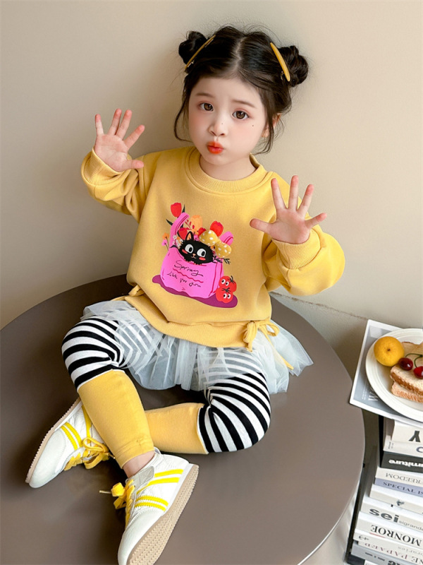 韩国女童网纱卡通卫衣打底裤套装2025秋季新款两件套洋气校园童装|undefined