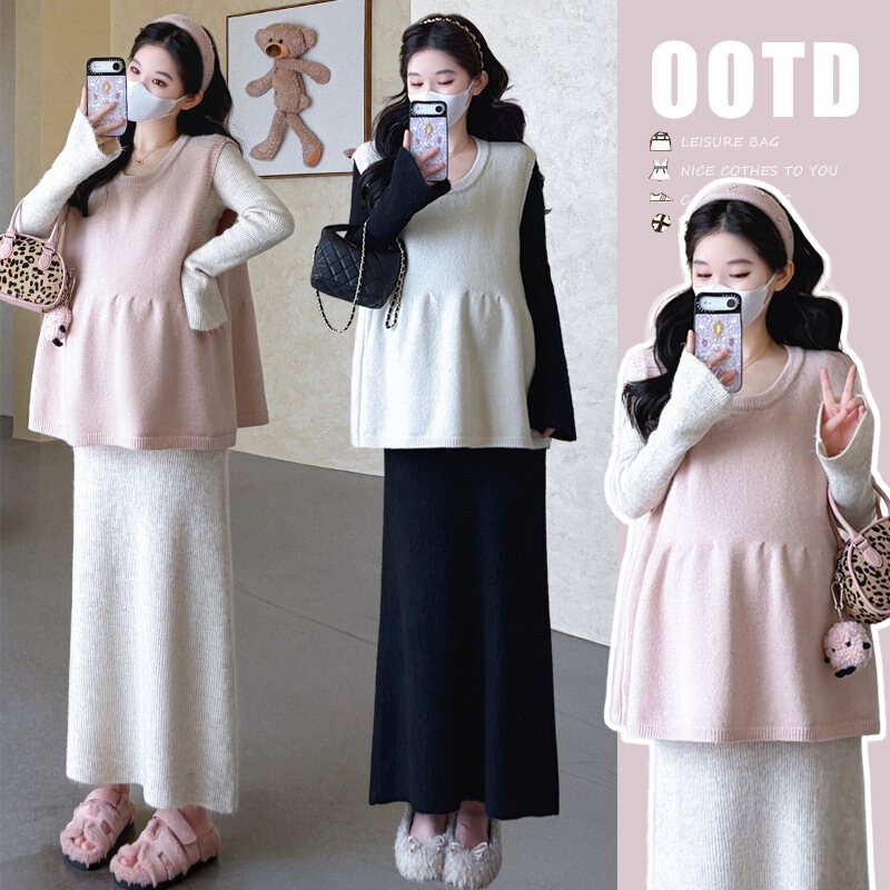 Maternity dress for autumn 2026, new French Hepburn style knitted vest and long skirt two-piece set for spring and autumn Maternity dress for autumn 2026, new French Hepburn style knitted vest and long skirt two-piece set for spring and autumn