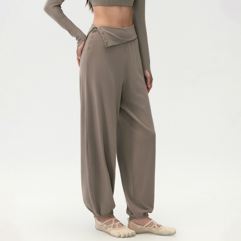 New style women's yoga pants with foldable waistband and button closure, loose-fitting casual sports pants with drape effect, high-waisted with foldable waistband