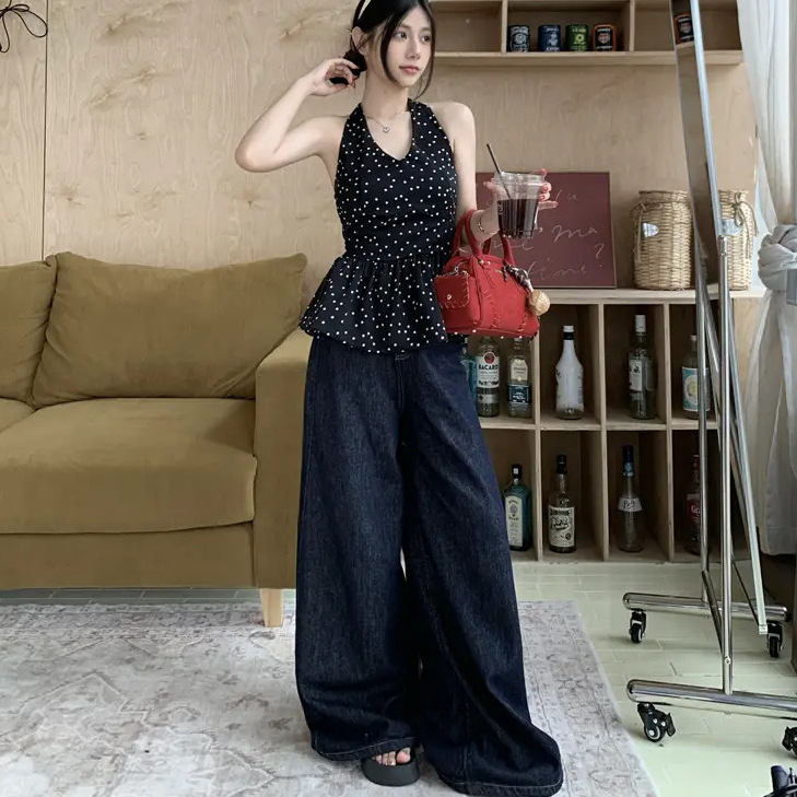 黑色露肩露背波点挂脖背心女夏季性感外穿度假风收腰绝美辣妹上衣
