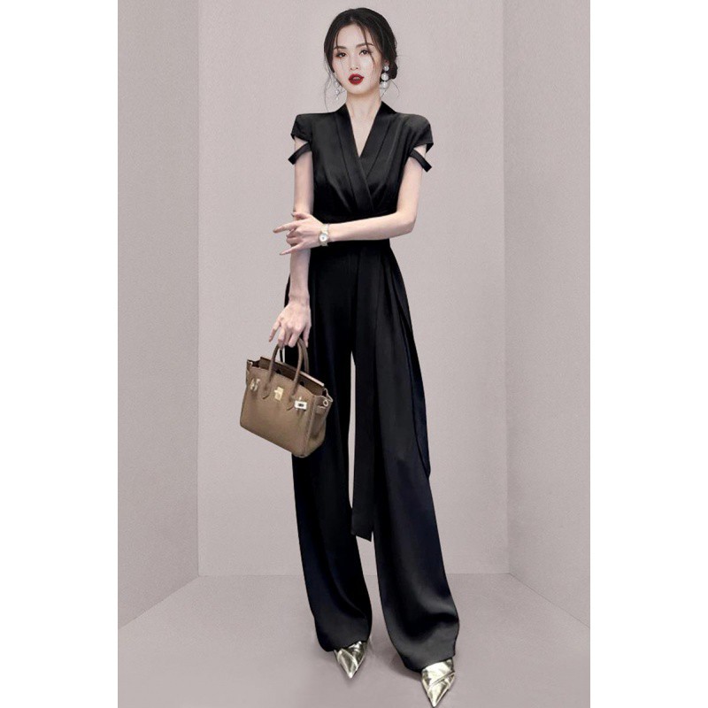 Sentido del cinturón de temperamento de cintura con cuello en V para damas, pantalones delgados de pierna ancha 2023 nuevo mono Yujie Fan transfronterizo