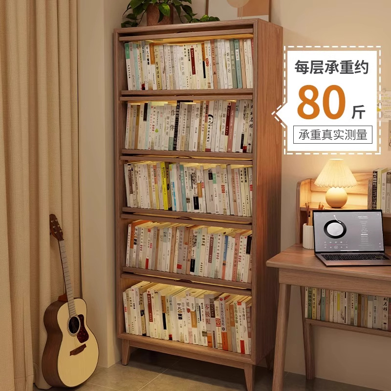 Dust-Proof Bookcase Glass Door Solid Wood Bookshelf Storage Rack with Door Floor-Standing Home Living Room Nordic Simple Standing Cabinet