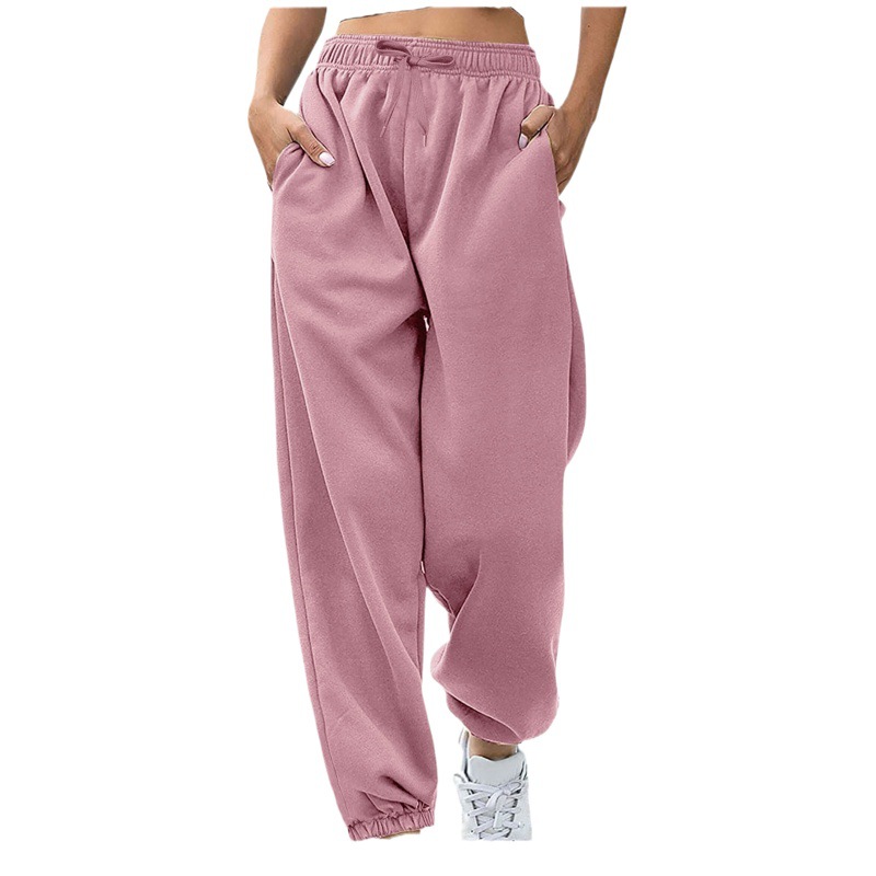 2024 Amazon Cross-border pantalones de mujer europea y americana cintura cuerda bolsillo vellón hogar ocio deportes pantalones sueltos en stock image 1