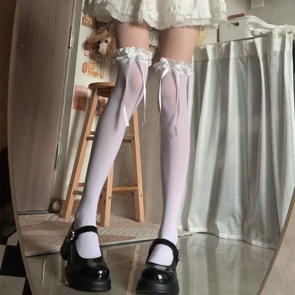 洛丽塔花边黑色lolita夏天薄款黑丝袜过膝袜蝴蝶结长筒袜子防勾丝