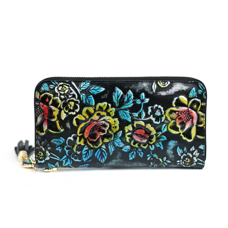 Ví nữ da thật phong cách retro, khóa kéo thủ công nhiều ngăn thẻ, sức chứa lớn 20×10.5 cm — Màu tím