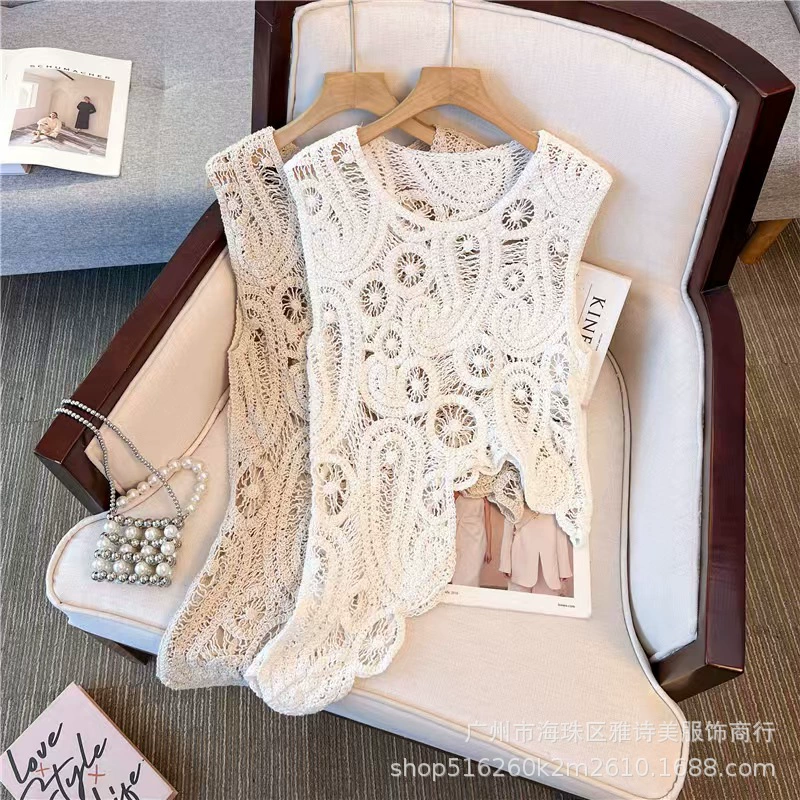 Весенняя французская наружная одежда с гофровыми полыми блузками нишевые шикарные и красивые нерегулярные вязаные тонкие блузки без рукавов