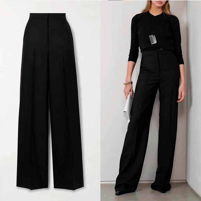 Th~ Row 2025 Spring and Autumn New High Waist Wool Straight-Leg Pants Women's Slim Suit Pants Black Wide Leg Pants