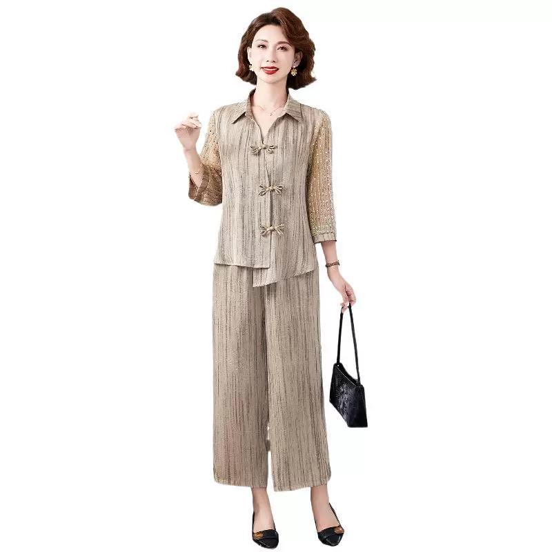 Мама летняя мода шифоновый топ набор 25 новый средний и пожилой женский летний темперамент шифоновая рубашка из двух частей