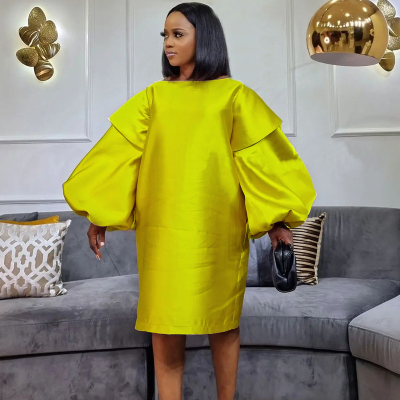 D3075 Amazon Autumn Plus Size Fashion Women's Loose Puff Sleeve European and American African Ladieswear's Wear Cross-Border Dress