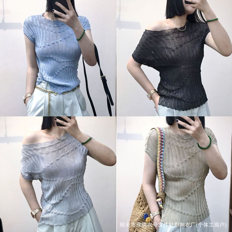 Custom-Made Imported Crystal Yarn High-Elastic Short-Sleeve T-Shirt Top, Summer Thin Short-Sleeve Women's High-Quality Old Money Style