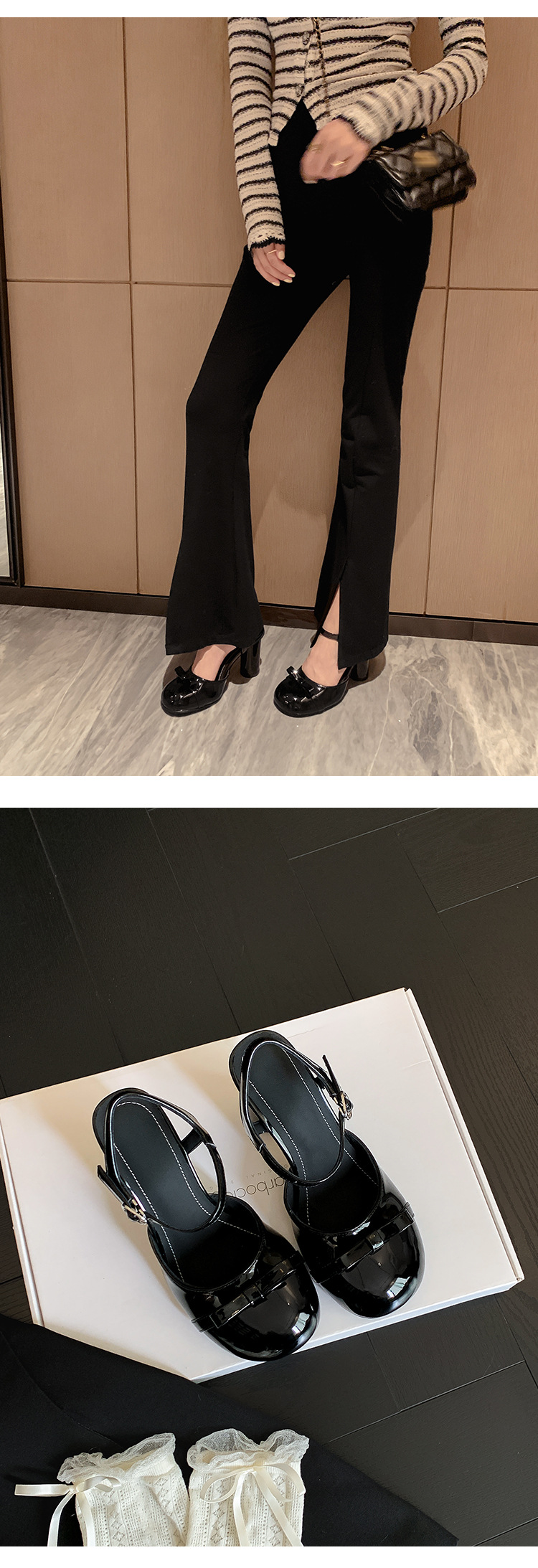 Sandal cao gót nữ mũi nhọn quai ngang nơ bướm, gót vuông ổn định — màu đen, Rượu vang đỏ, màu mơ chi tiết 7