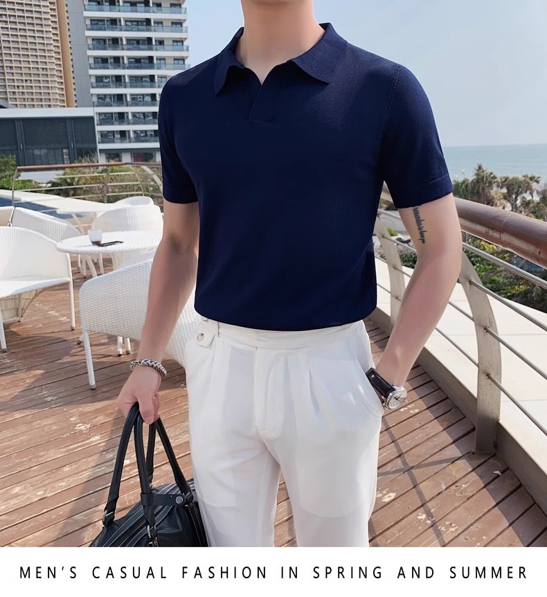 Men's Slim Fit Polo Shirt Silky Cotton Ice Silk Knitted Seagull Collar Short Sleeve Casual Workwear Trendy Sweatshirt_viptrois.com