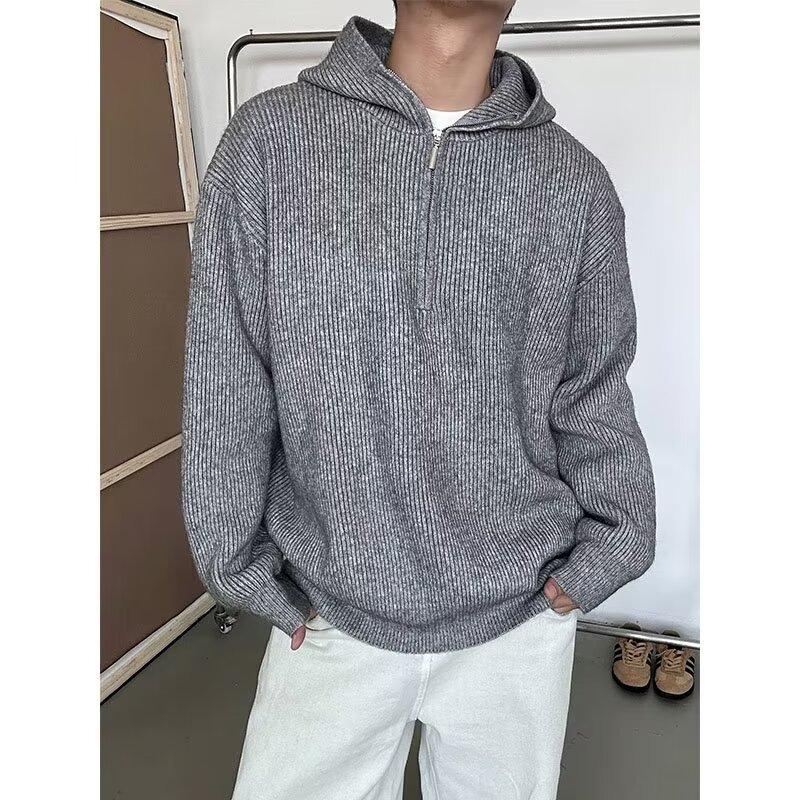 Autumn knitted sweater with zipper with hood