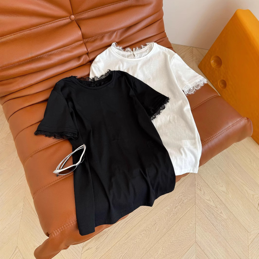 summer fashionable solid color lace T-shirt with a round collar