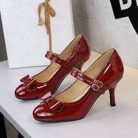 6682-H91 French style double breasted high-heeled shoes for women with shallow mouth and thin heels, bow tie single shoes, patent leather round toe professional shoes