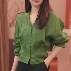 女性のためのシックなウエスト痩身グリーントップ 2025 夏の新しいスタイルの美白気質年齢軽減通勤スタイルシャツ