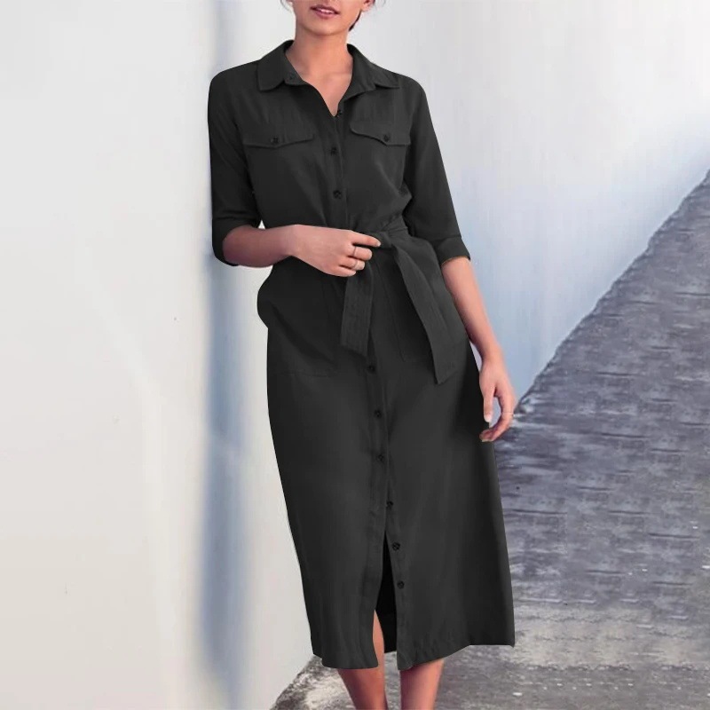 2024 Cross-Border Summer Women's Mid-Length Dress Lapel Double Pocket Casual Loose Retro Vest Robe Shirt