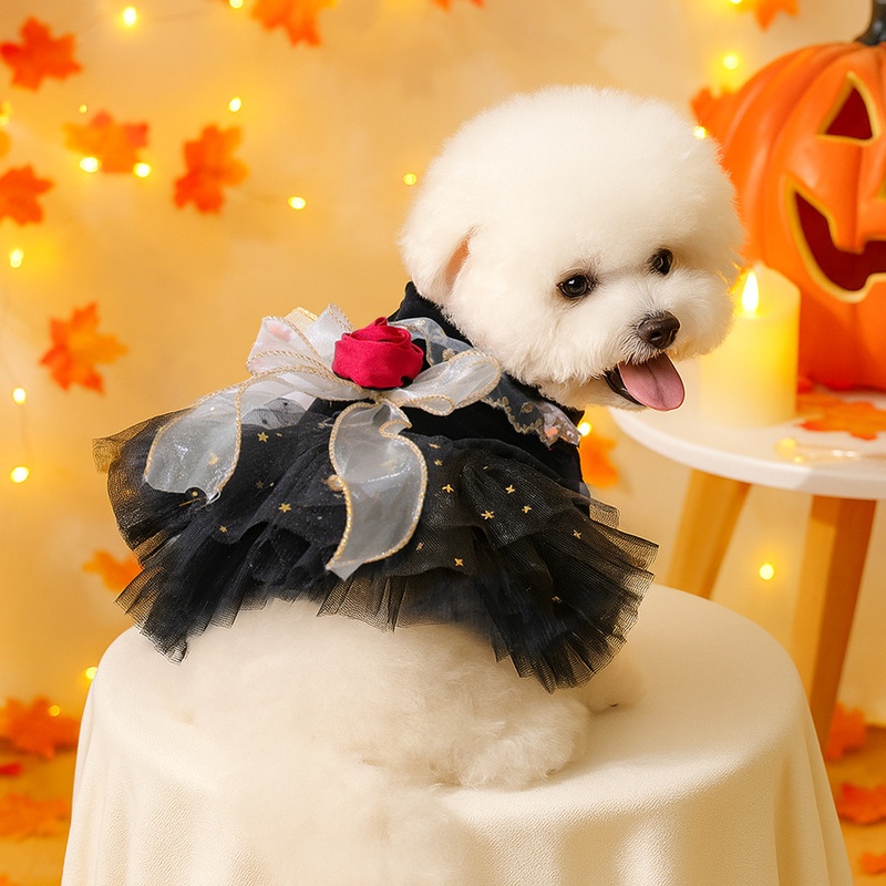 2025 秋と冬ハロウィンペット服犬服猫服カジュアル服黒ベルベットローズスカート|undefined