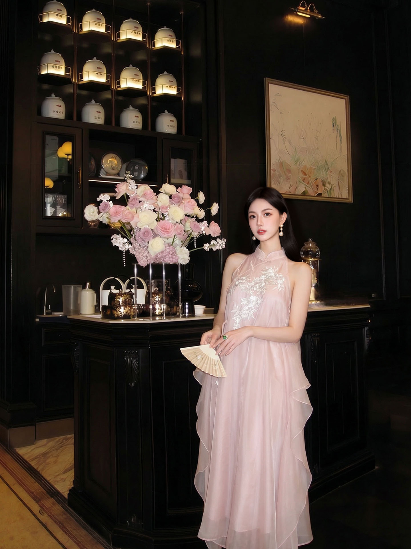 Đầm maxi thêu hoa phong cách Trung Hoa cổ điển, chất vải mỏng nhẹ mùa hè, tay lỡ, thắt eo — hồng